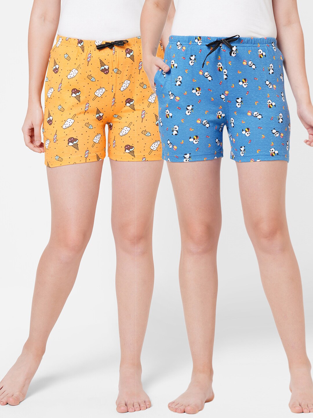 SDL by Sweet Dreams Women Yellow & Blue Pack of 2 Conversational Printed Lounge Shorts Price in India