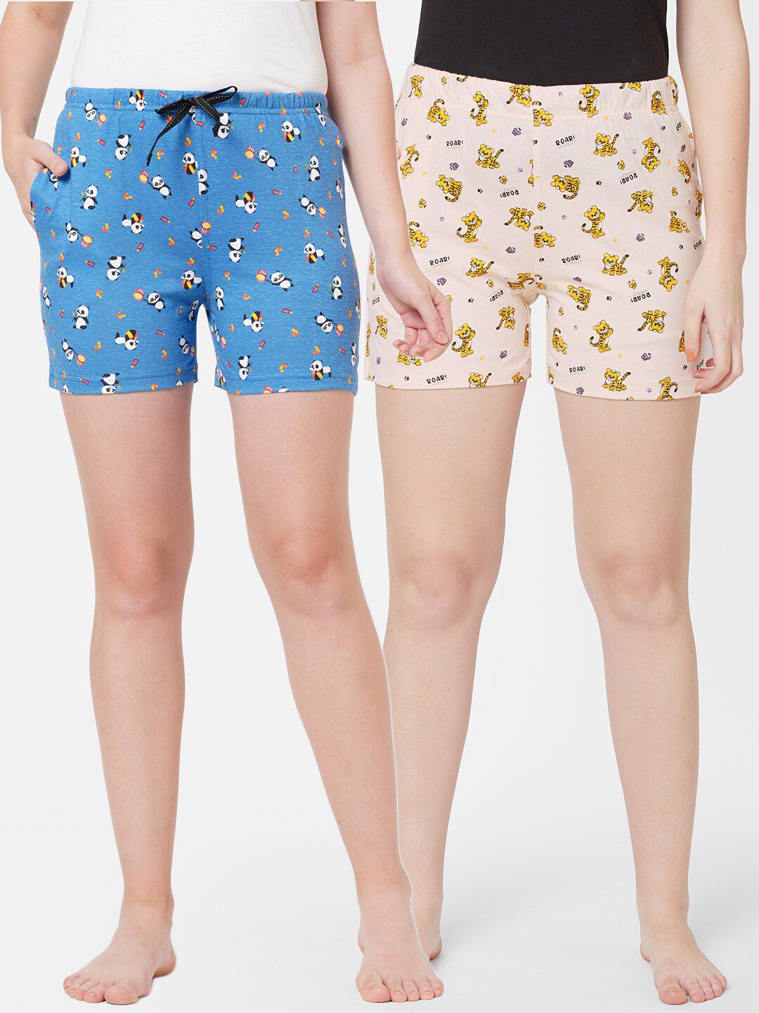 SDL by Sweet Dreams Women Blue & Beige 2 Printed Lounge Shorts Price in India
