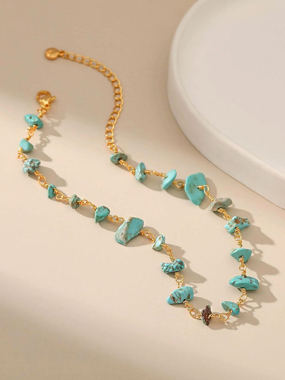 Yellow Chimes Gold-Toned Blue Stone Beaded Chain Necklace Price in India