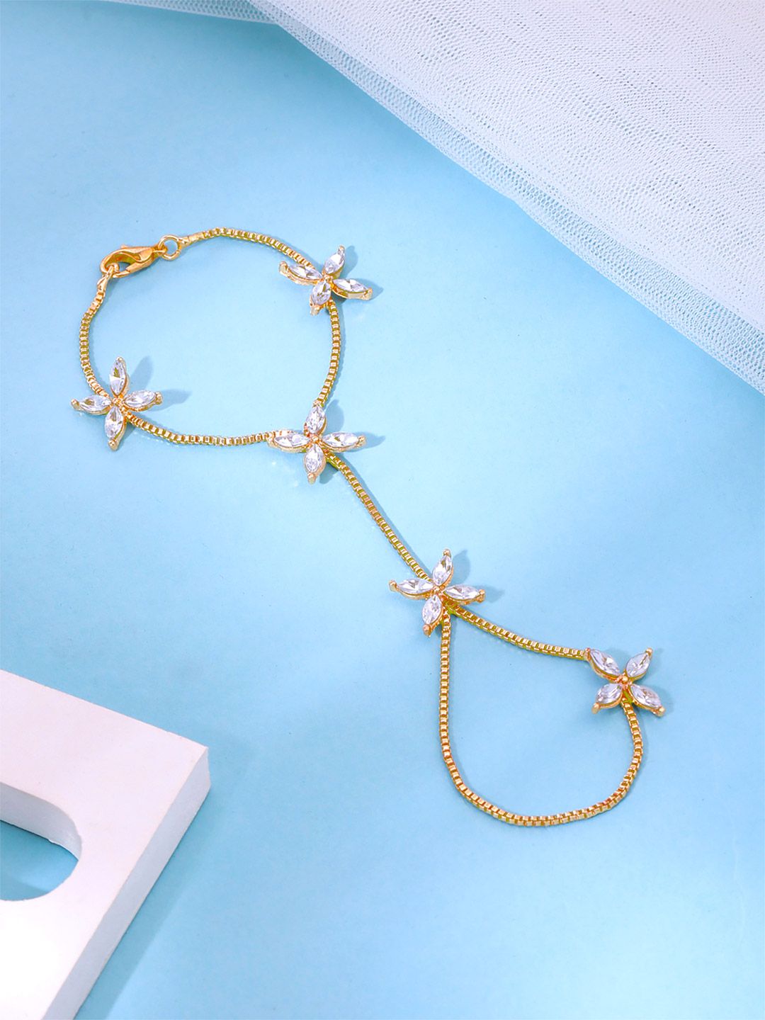 Women Gold-Plated Bracelet Yellow Chimes Women Gold-Plated Flower Crystal Graceful Hand Chain Ring Bracelet