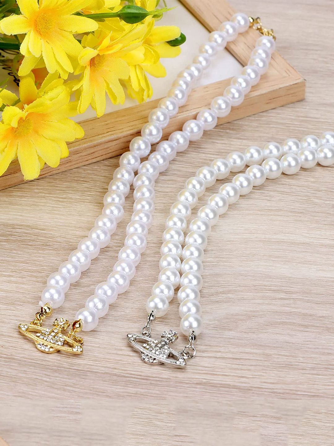 Yellow Chimes Set of 2 White Pearl Necklaces Price in India