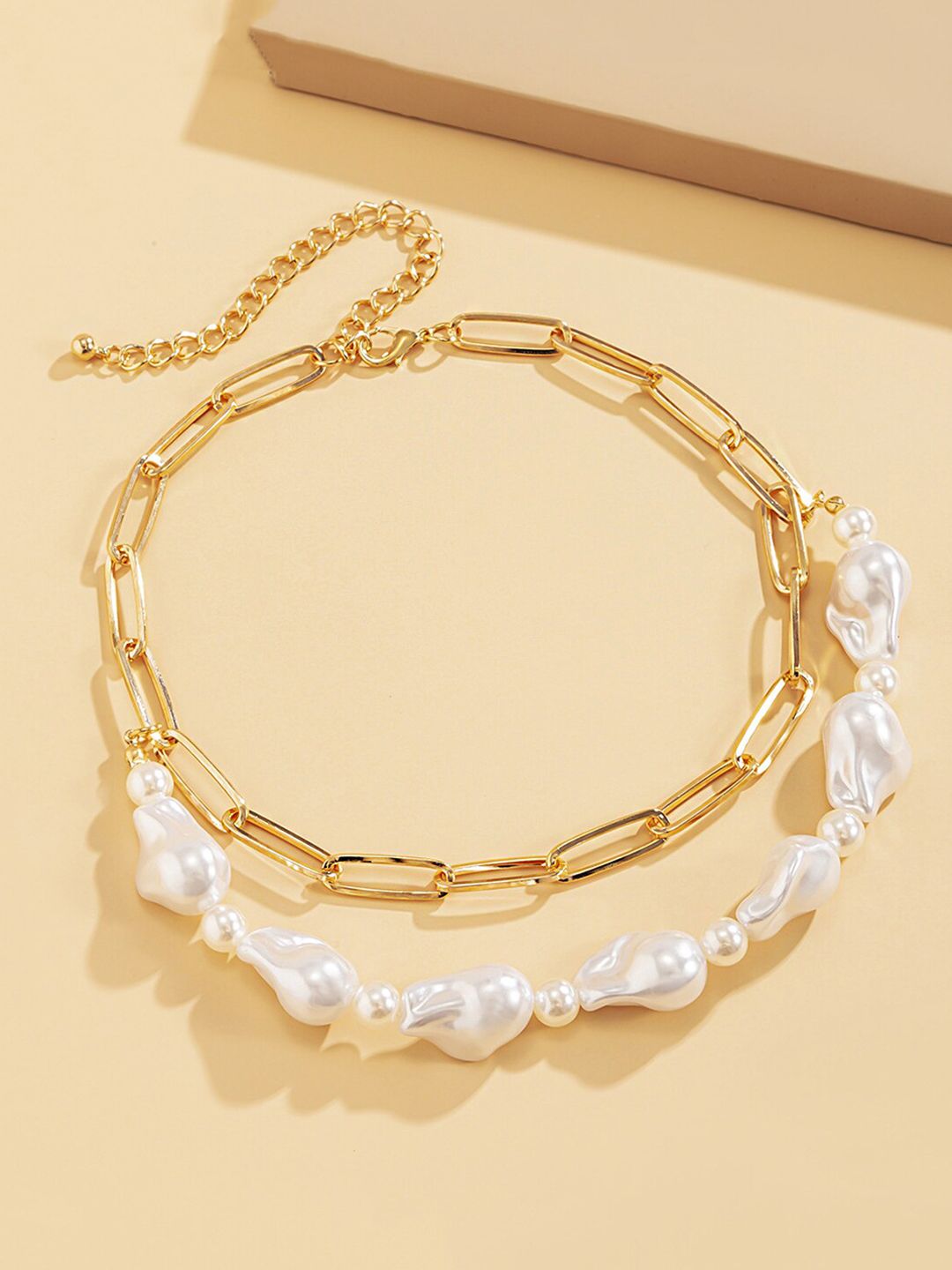 Yellow Chimes Gold Toned Multilayer White Pearl Stone Chain Necklace Price in India