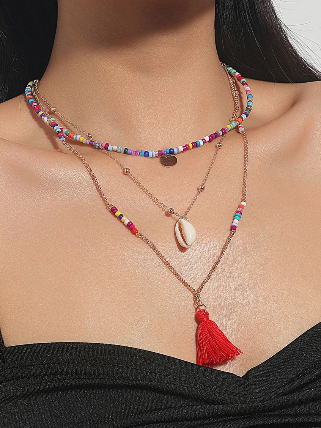 Unwind by Yellow Chimes White & Red Layered Beaded Shell Charmed Necklace Price in India