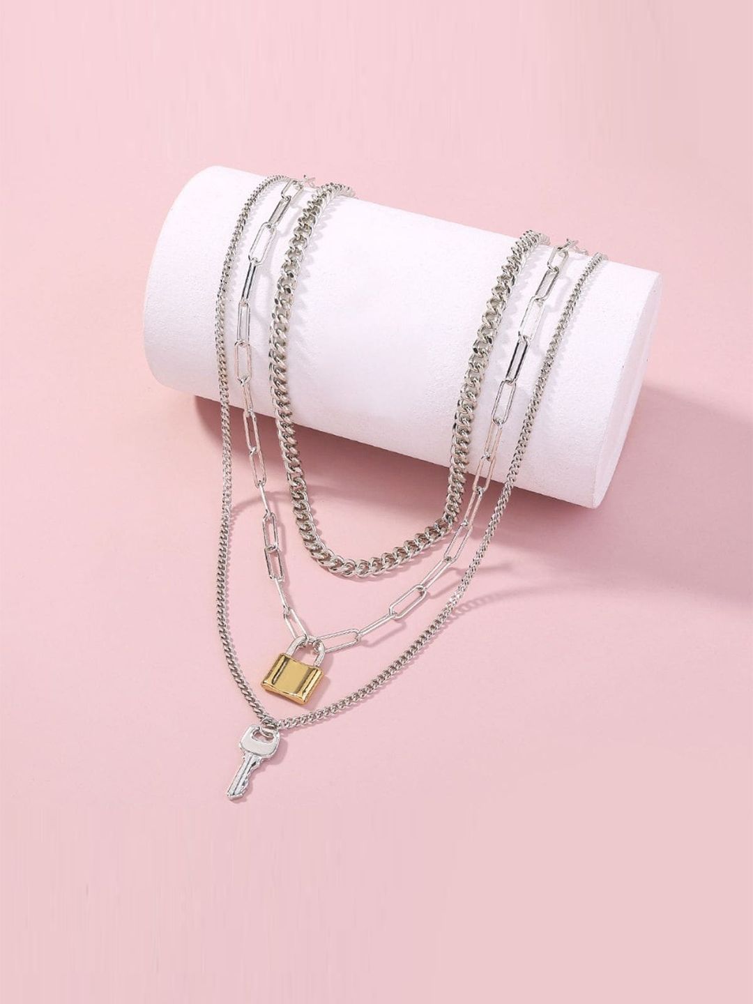 FemNmas Gold-Toned & Silver-Toned Gold-Plated Lock Key Layered Choker Necklace Price in India