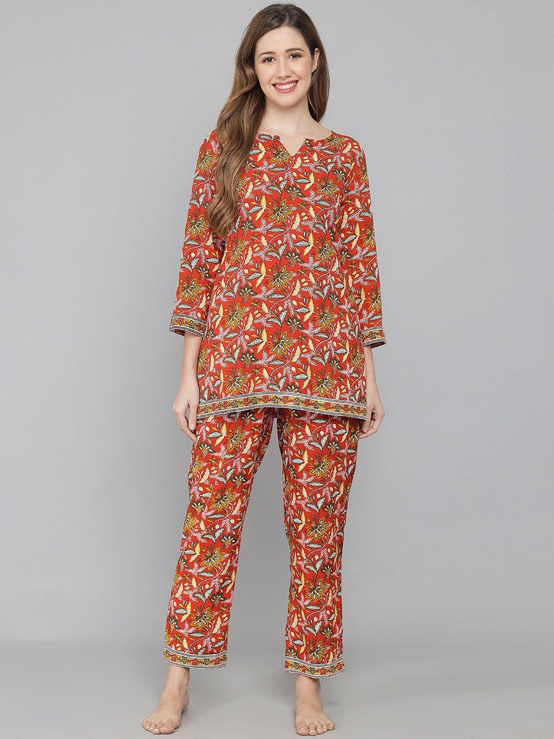 Shararat Women Orange & Multicoloured Printed Night suit Price in India