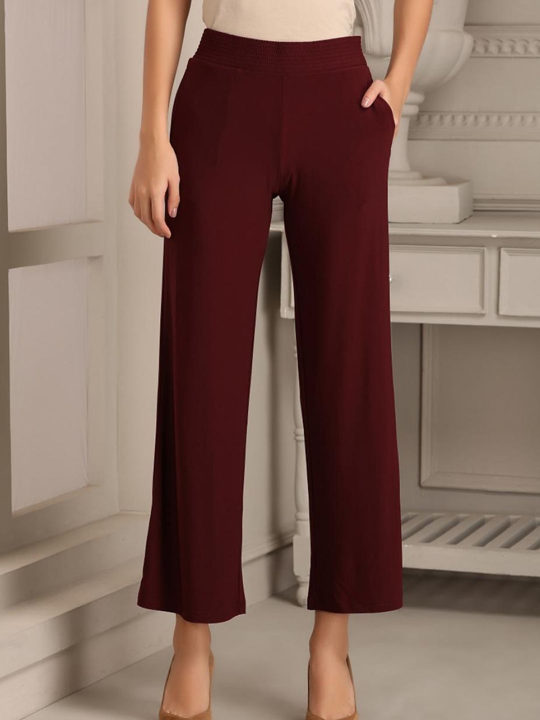 Lakshita Women Maroon Relaxed Straight Fit Trousers Price in India