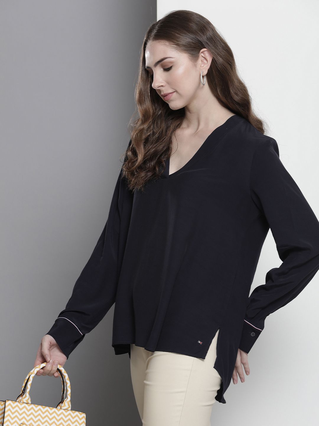 Tommy Hilfiger Solid V-Neck Long Sleeves Top Price in India