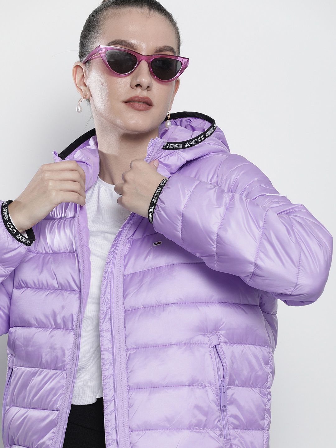 Tommy Hilfiger Women Lavender Hooded Puffer Jacket Price in India