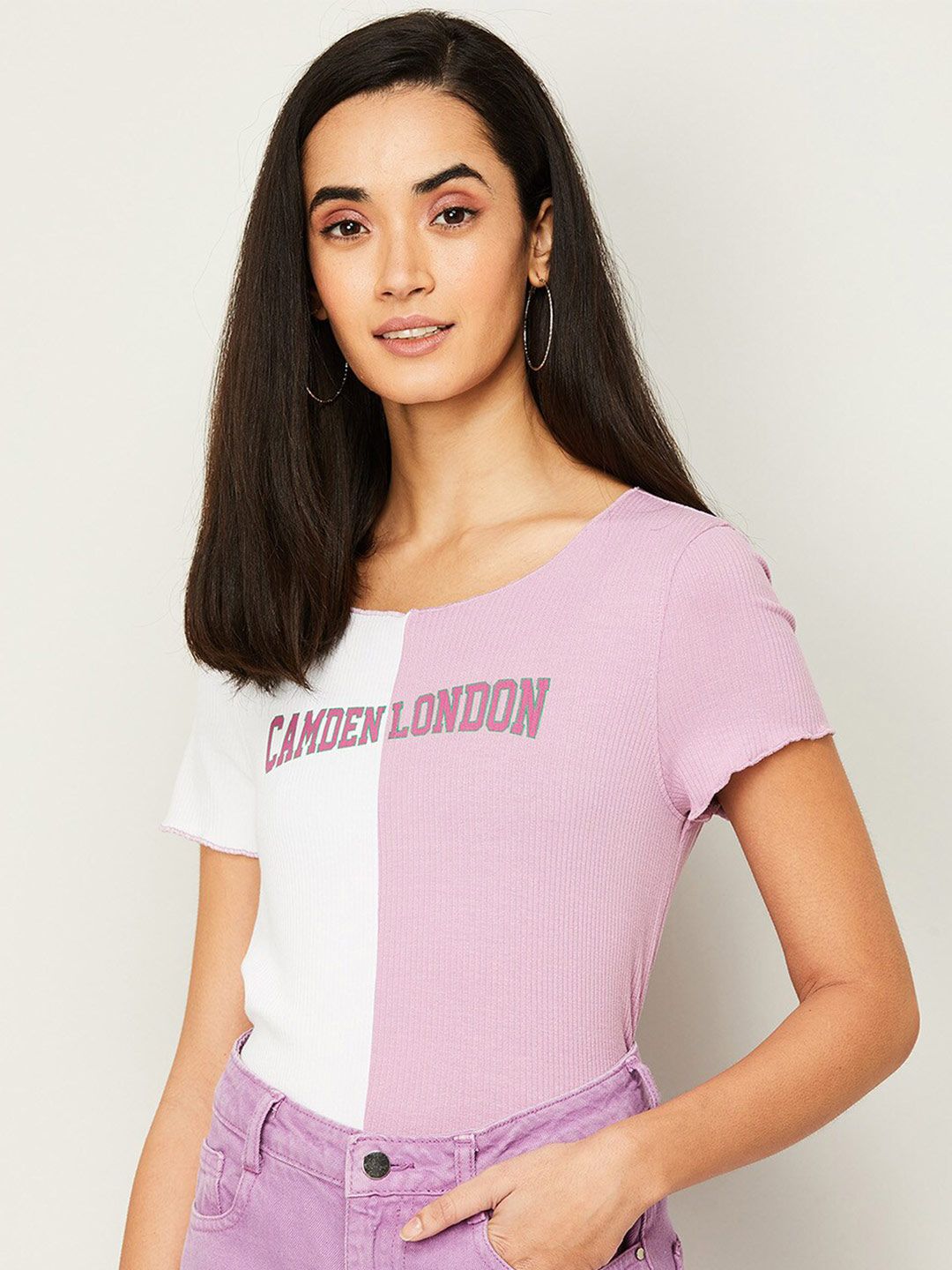 Fame Forever by Lifestyle White &  pink Colourblocked Top Price in India