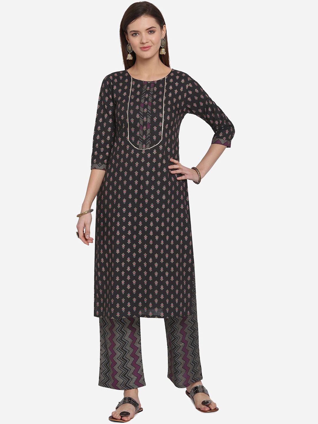 MIRCHI FASHION Women Black Ethnic Motifs Printed Kurti with Trousers Price in India