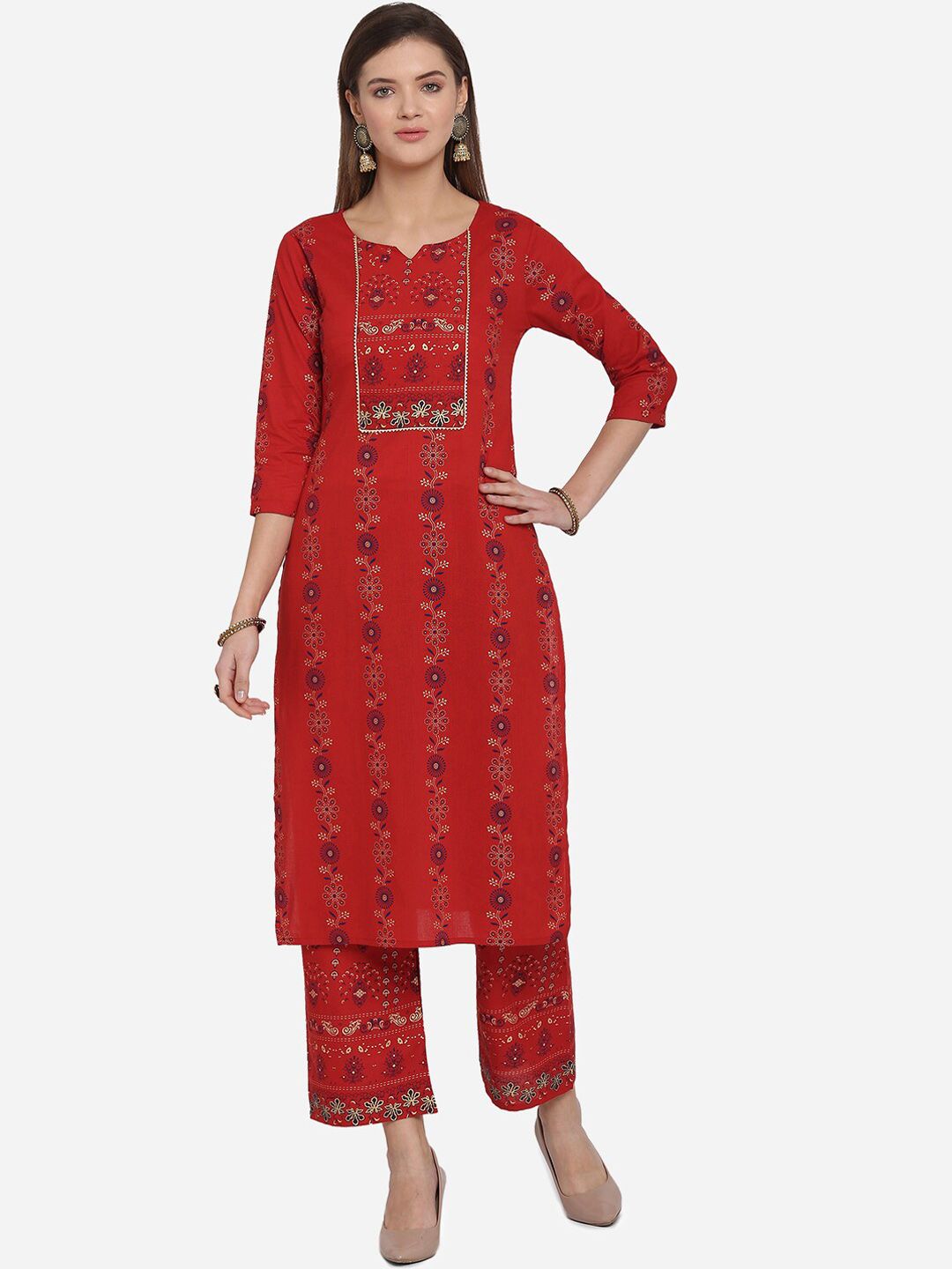 MIRCHI FASHION Women Red Ethnic Motifs Printed Kurti with Trousers Price in India