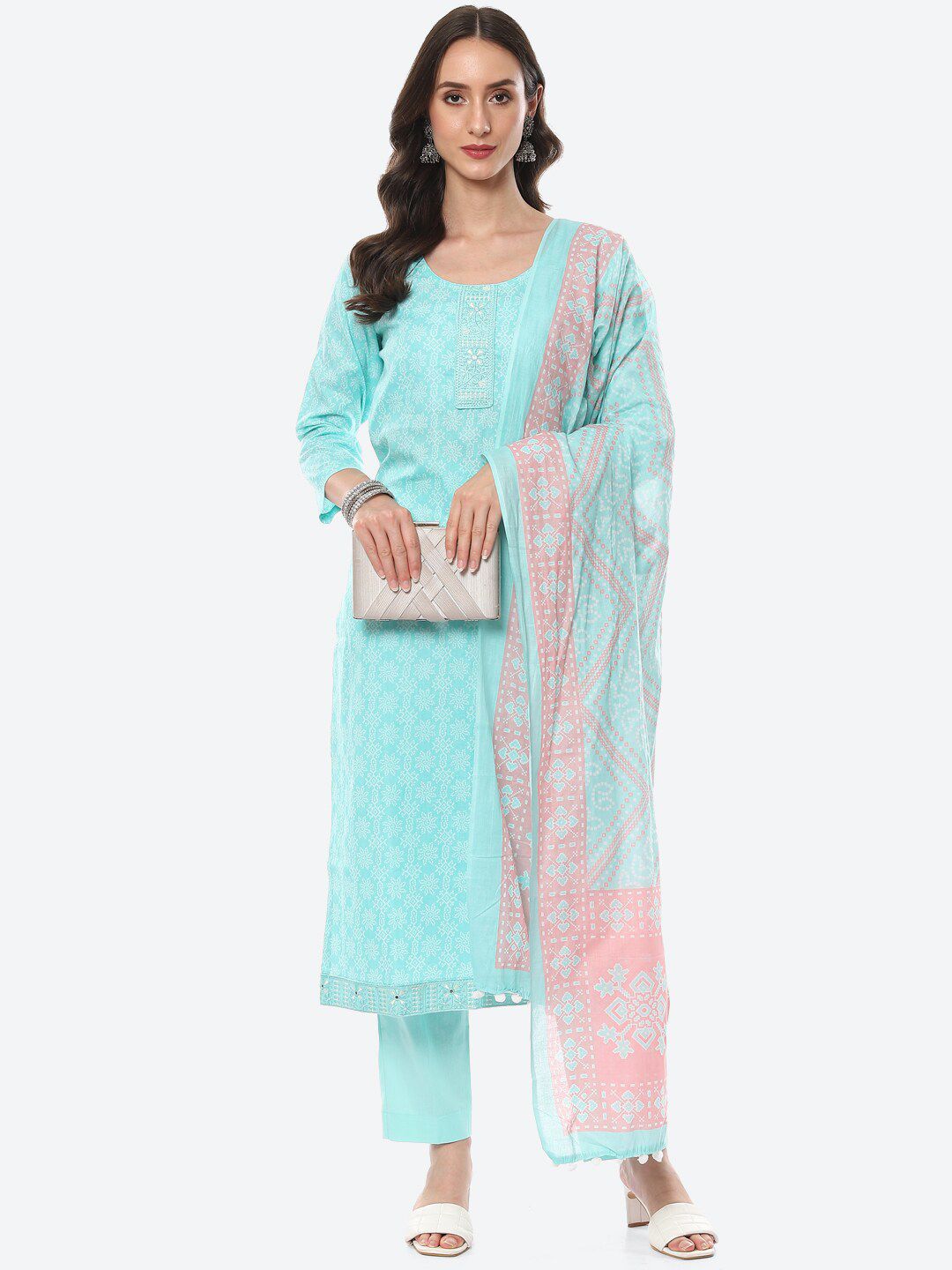 Meena Bazaar Green & Pink Printed Pure Cotton Unstitched Dress Material Price in India