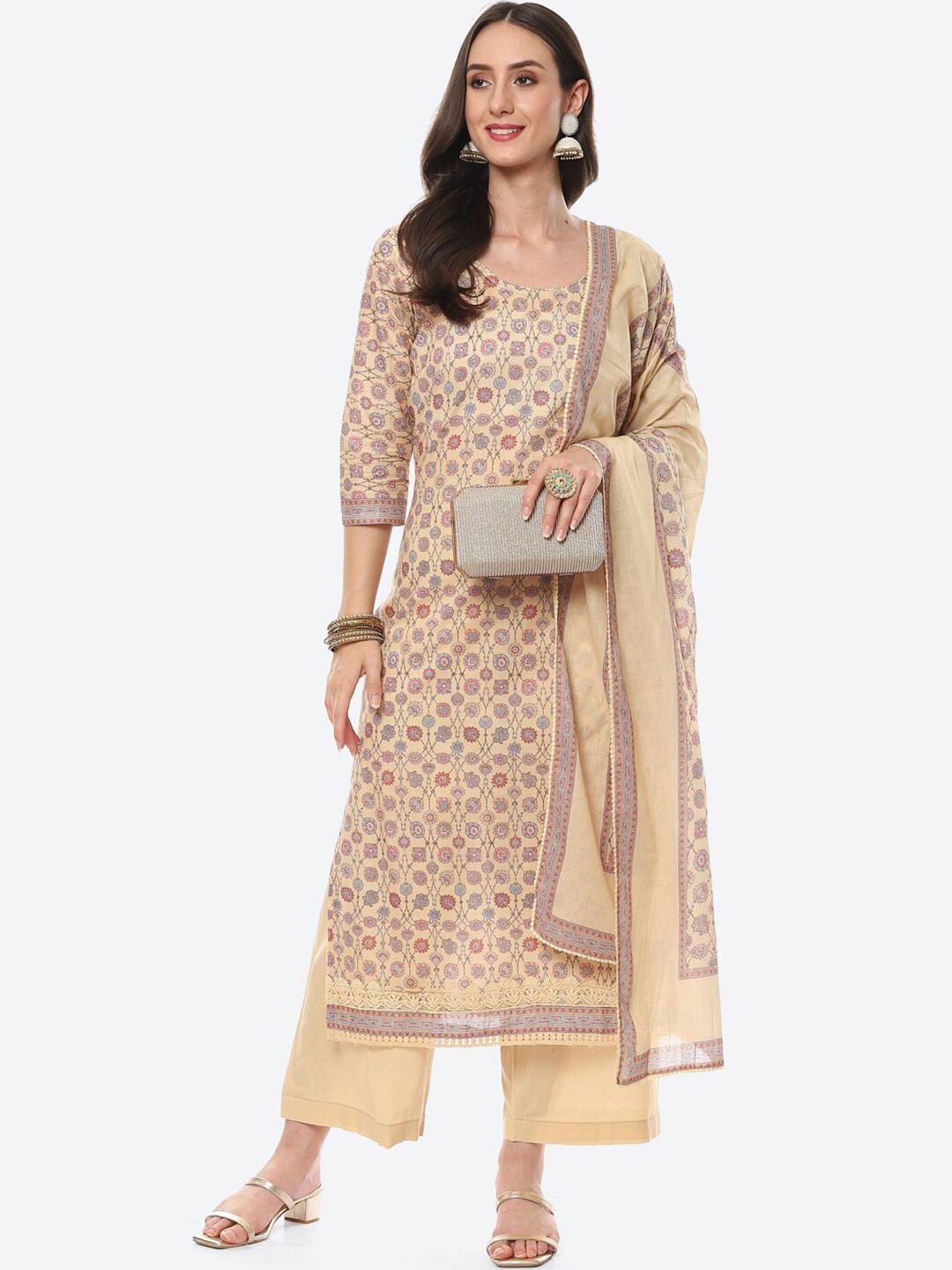 Meena Bazaar Beige & Pink Printed Pure Cotton Unstitched Dress Material