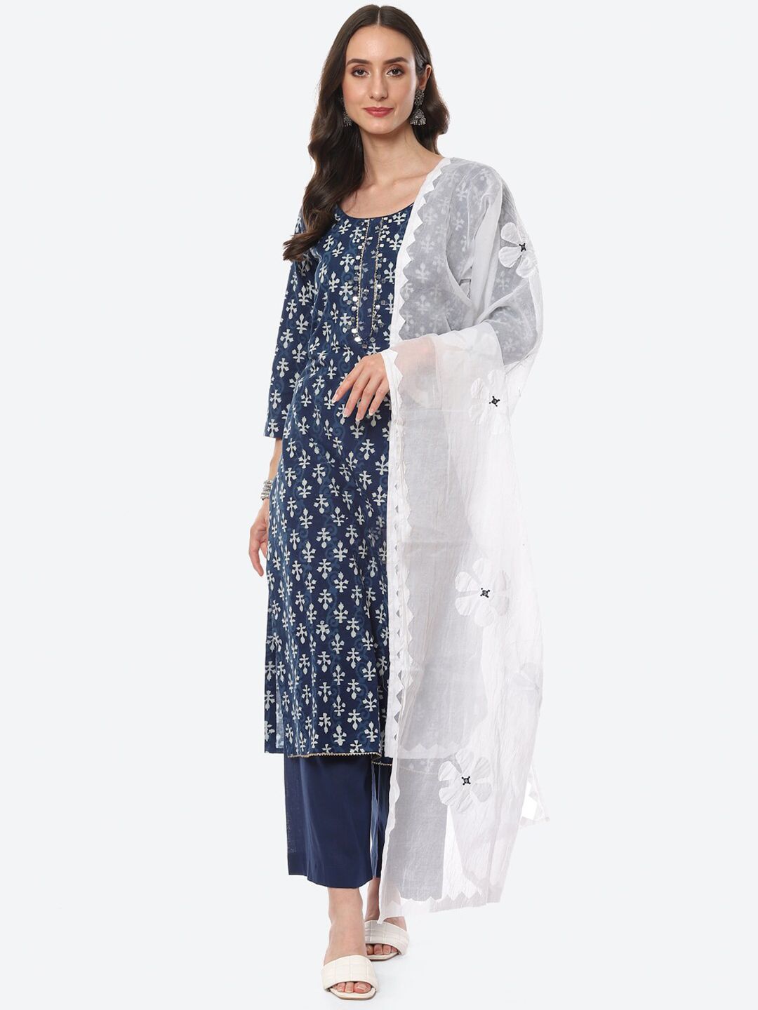 Meena Bazaar Navy Blue & White Printed Pure Cotton Unstitched Dress Material Price in India