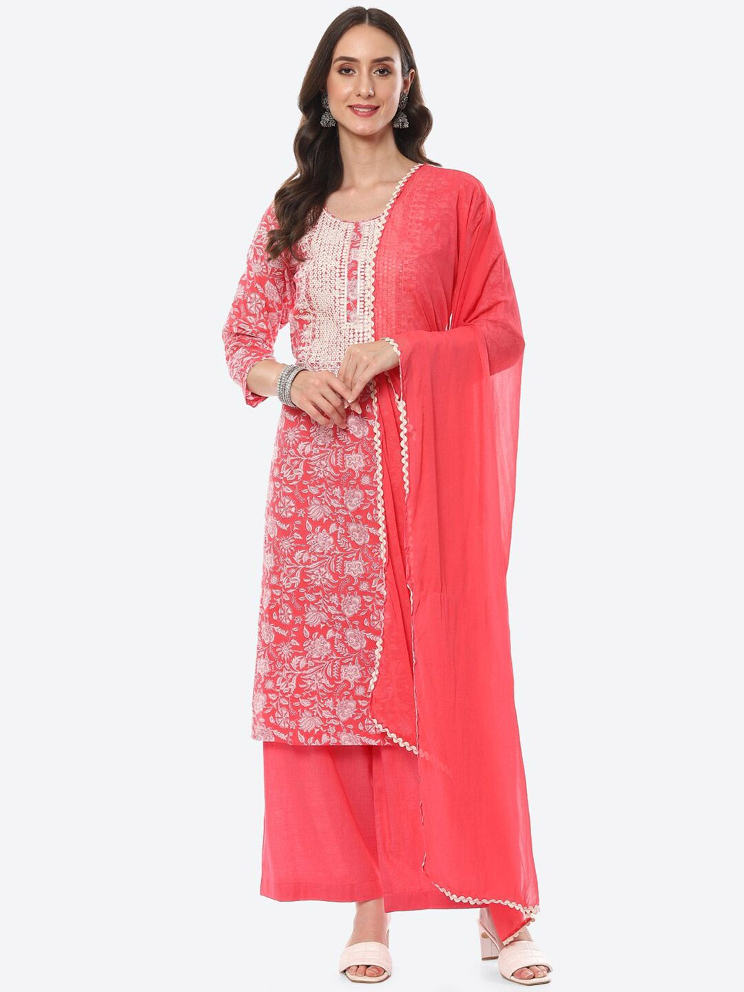 Meena Bazaar Women Pink & White Printed Pure Cotton Unstitched Dress Material Price in India
