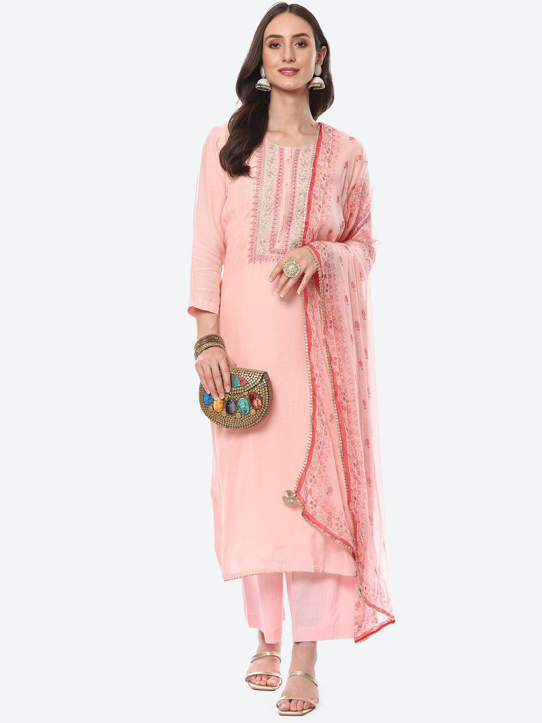 Meena Bazaar Pink Embroidered Unstitched Dress Material Price in India