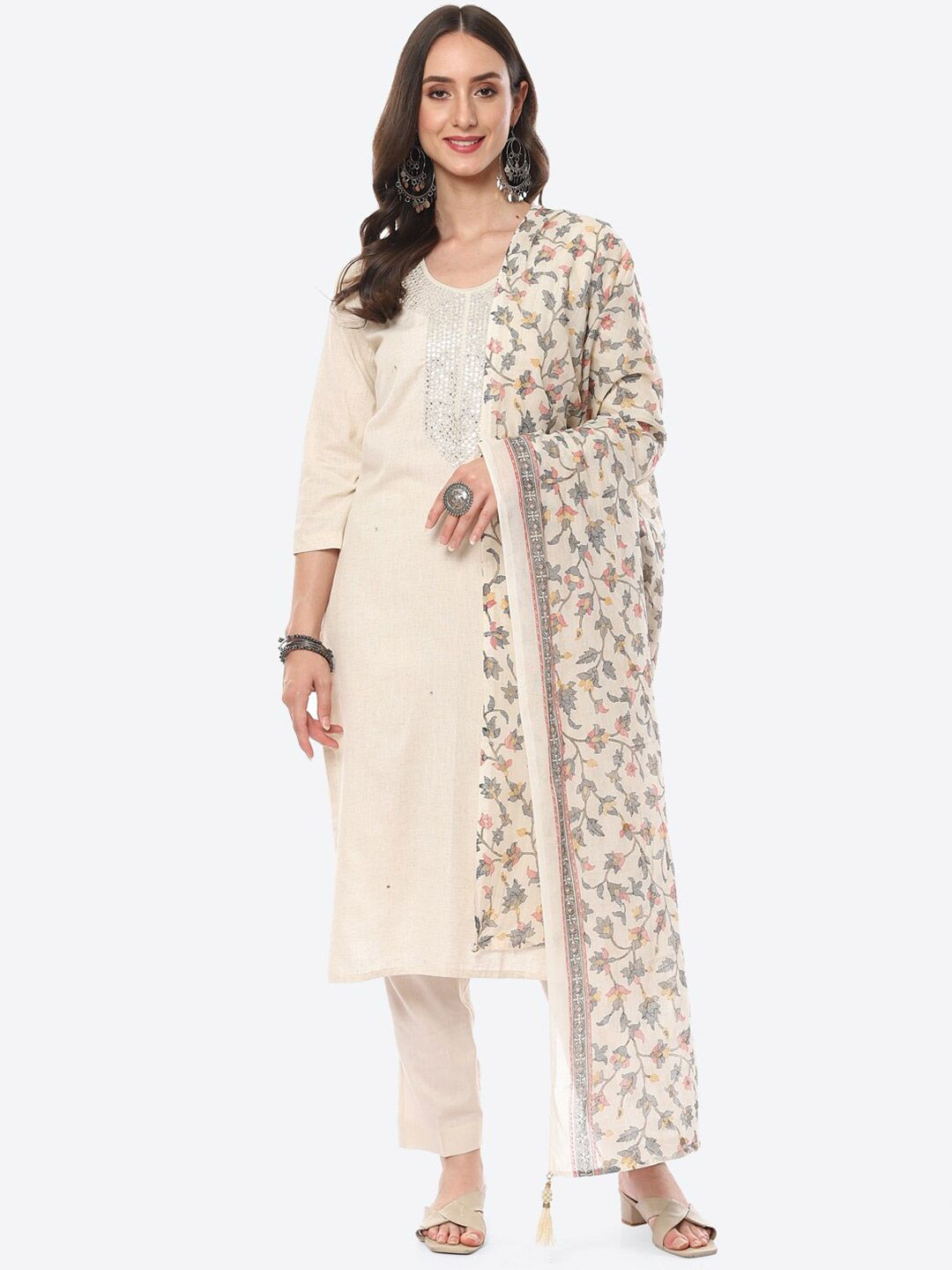 Meena Bazaar Cream-Coloured & Grey Embroidered Pure Cotton Unstitched Dress Material Price in India