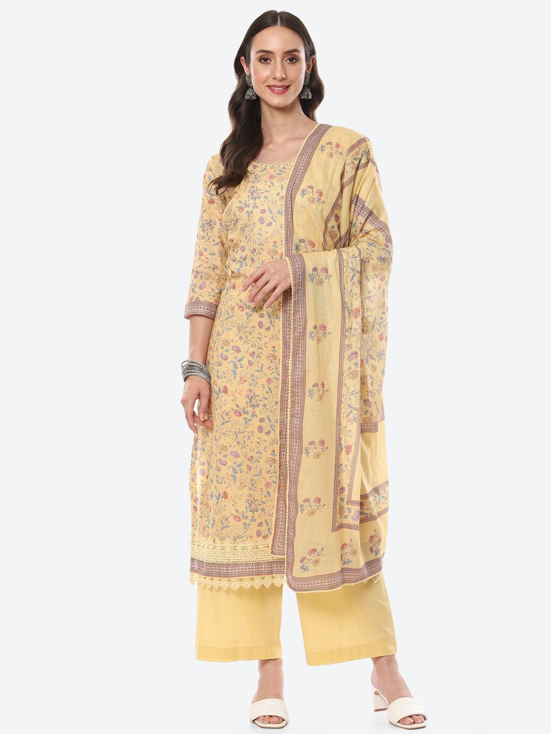 Meena Bazaar Women Mustard & Purple Printed Pure Cotton Unstitched Dress Material Price in India