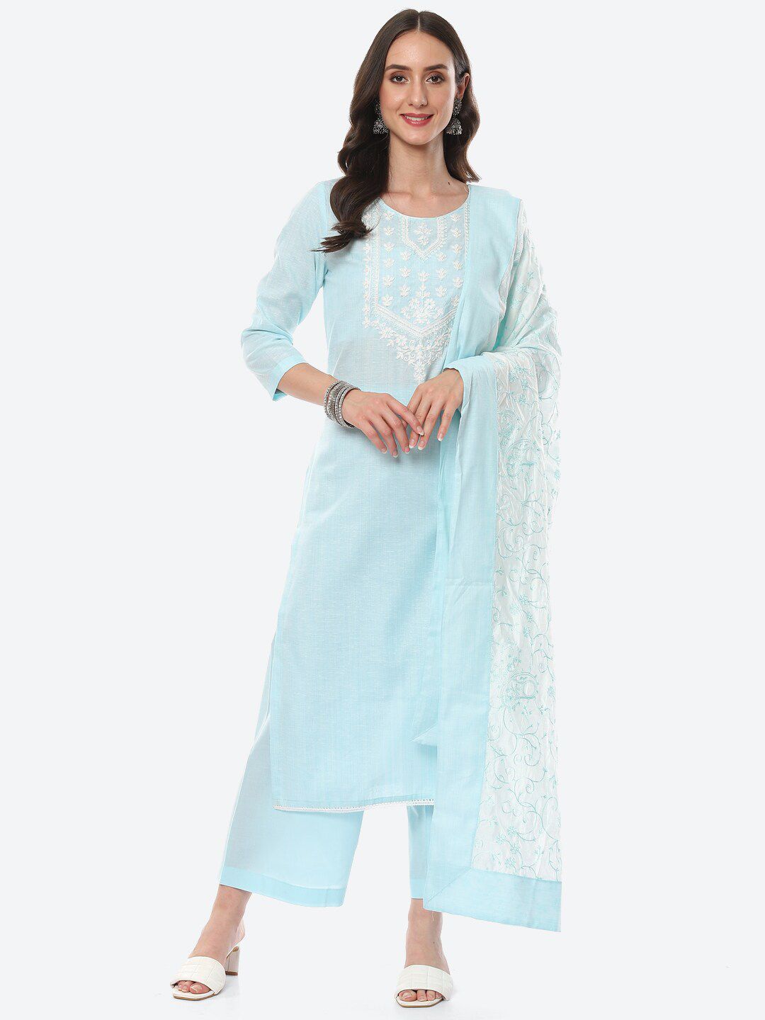 Meena Bazaar Blue & White Embroidered Pure Cotton Unstitched Dress Material Price in India
