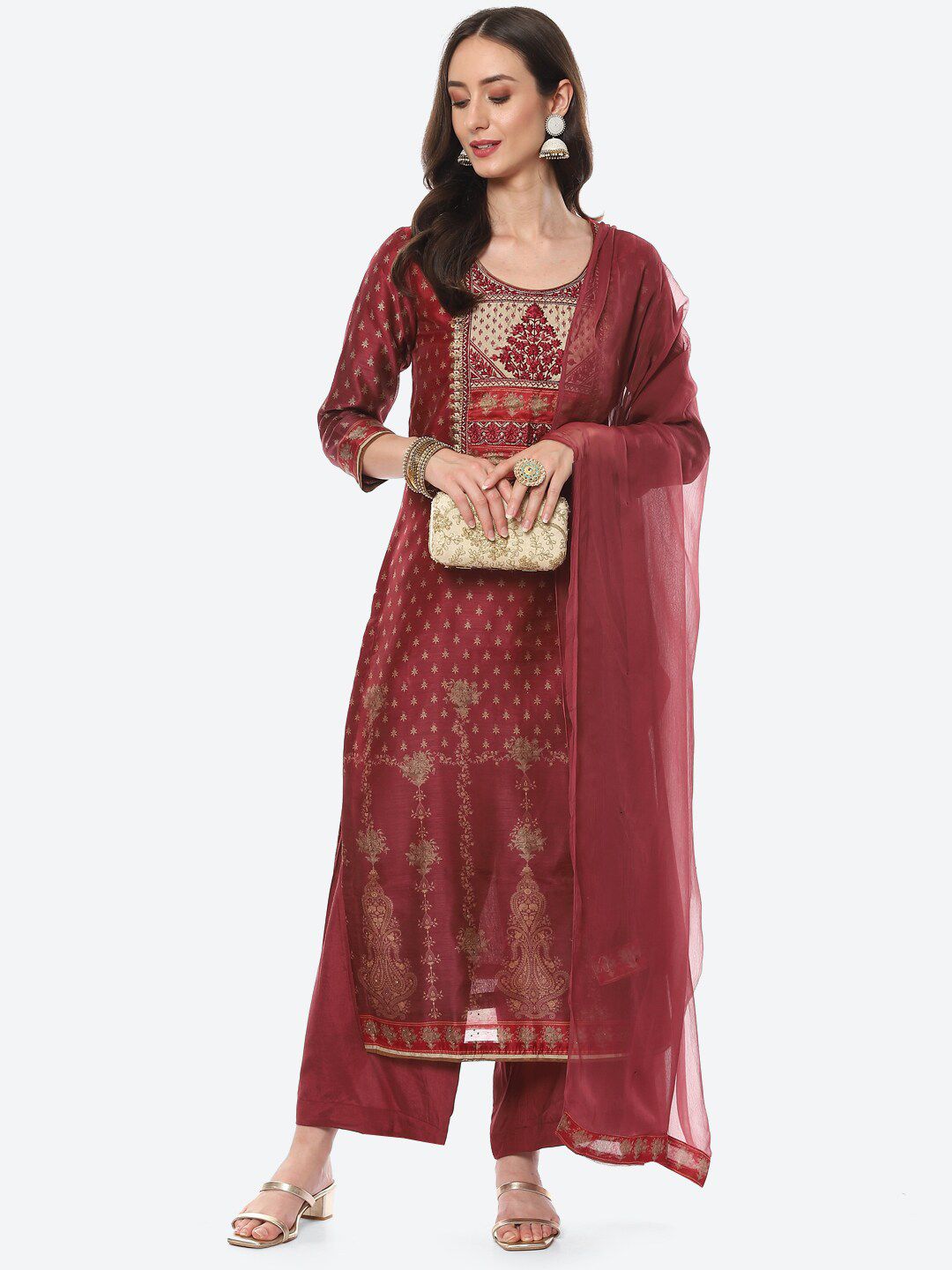 Meena Bazaar Maroon & Beige Embroidered Unstitched Dress Material Price in India