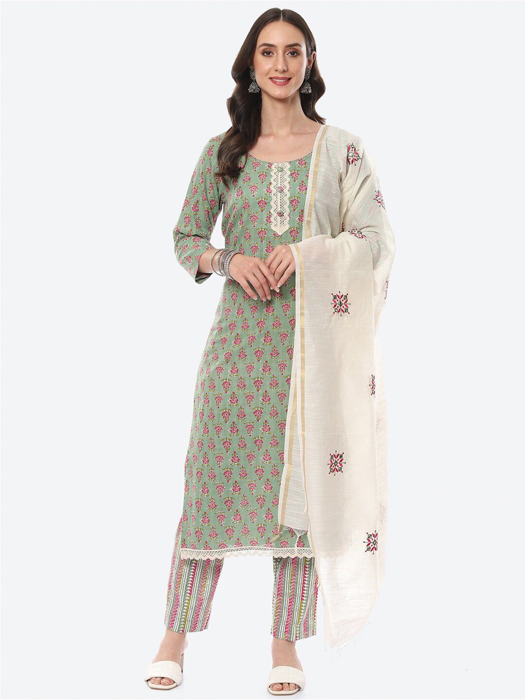 Meena Bazaar Green & Pink Printed Pure Cotton Unstitched Dress Material Price in India