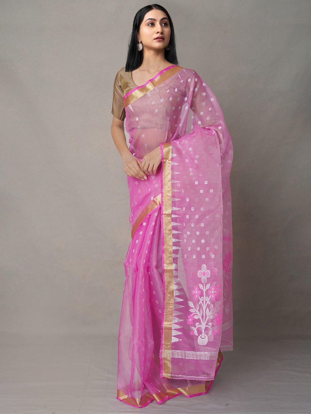 Unnati Silks Pink & Gold-Toned Floral Organza Handloom Jamdani Saree Price in India