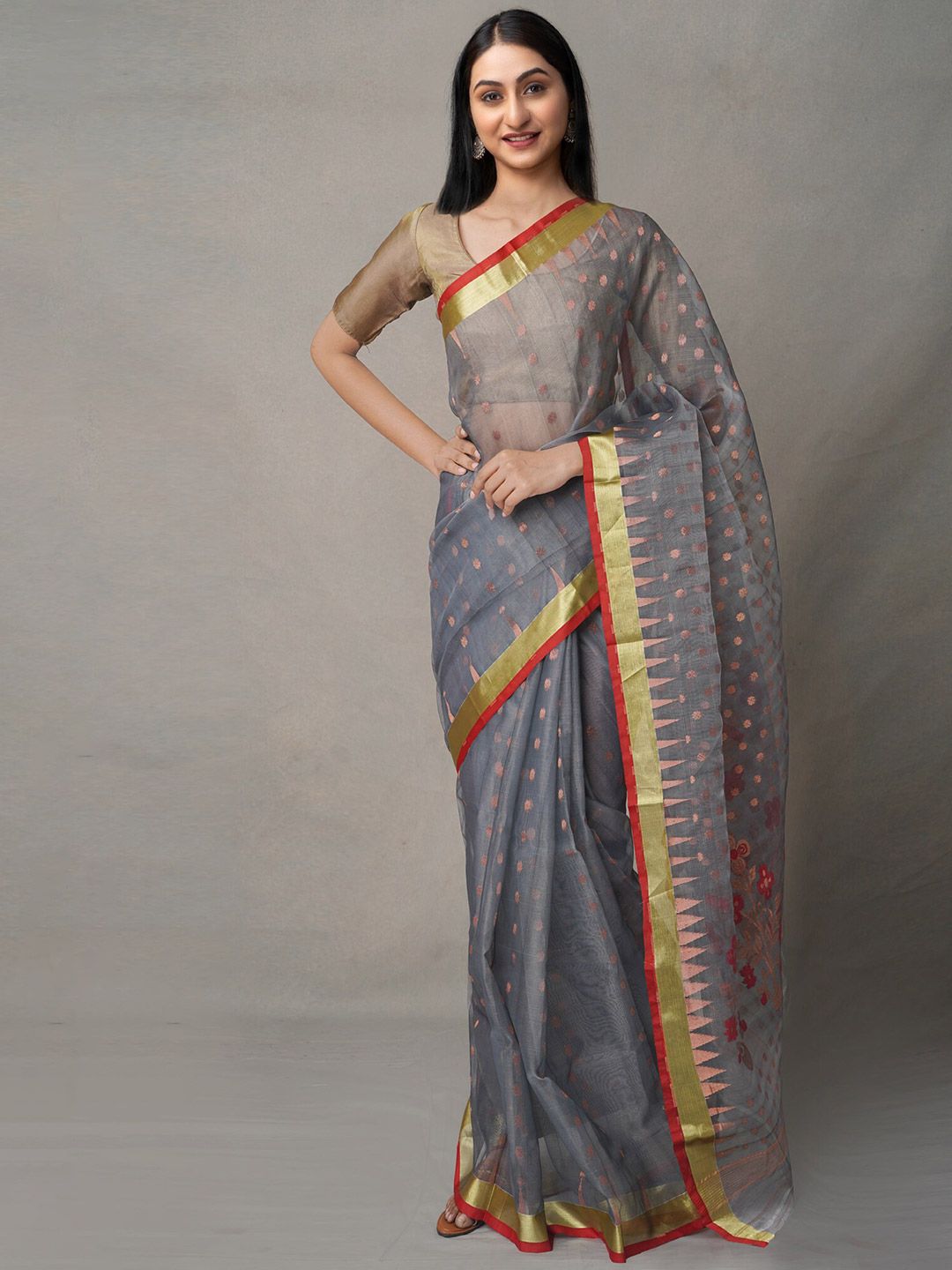 Unnati Silks Grey & Gold-Toned Zari Organza Jamdani Handloom Saree Price in India