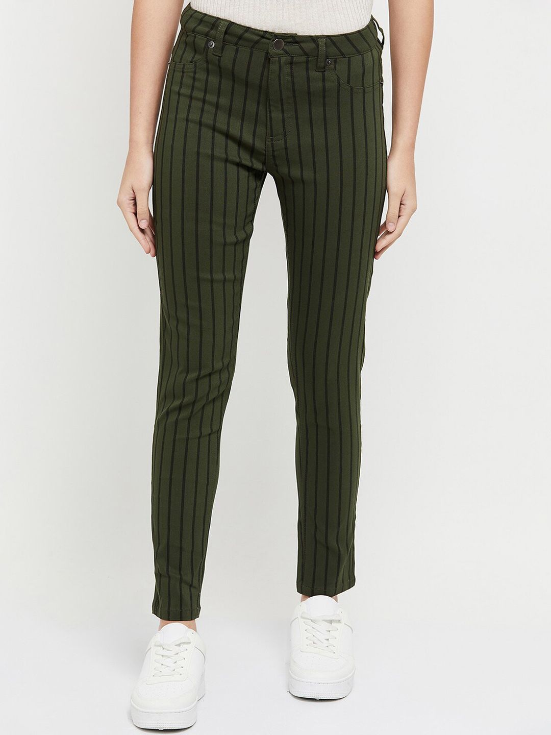 max Women Olive Green Striped Trousers Price in India