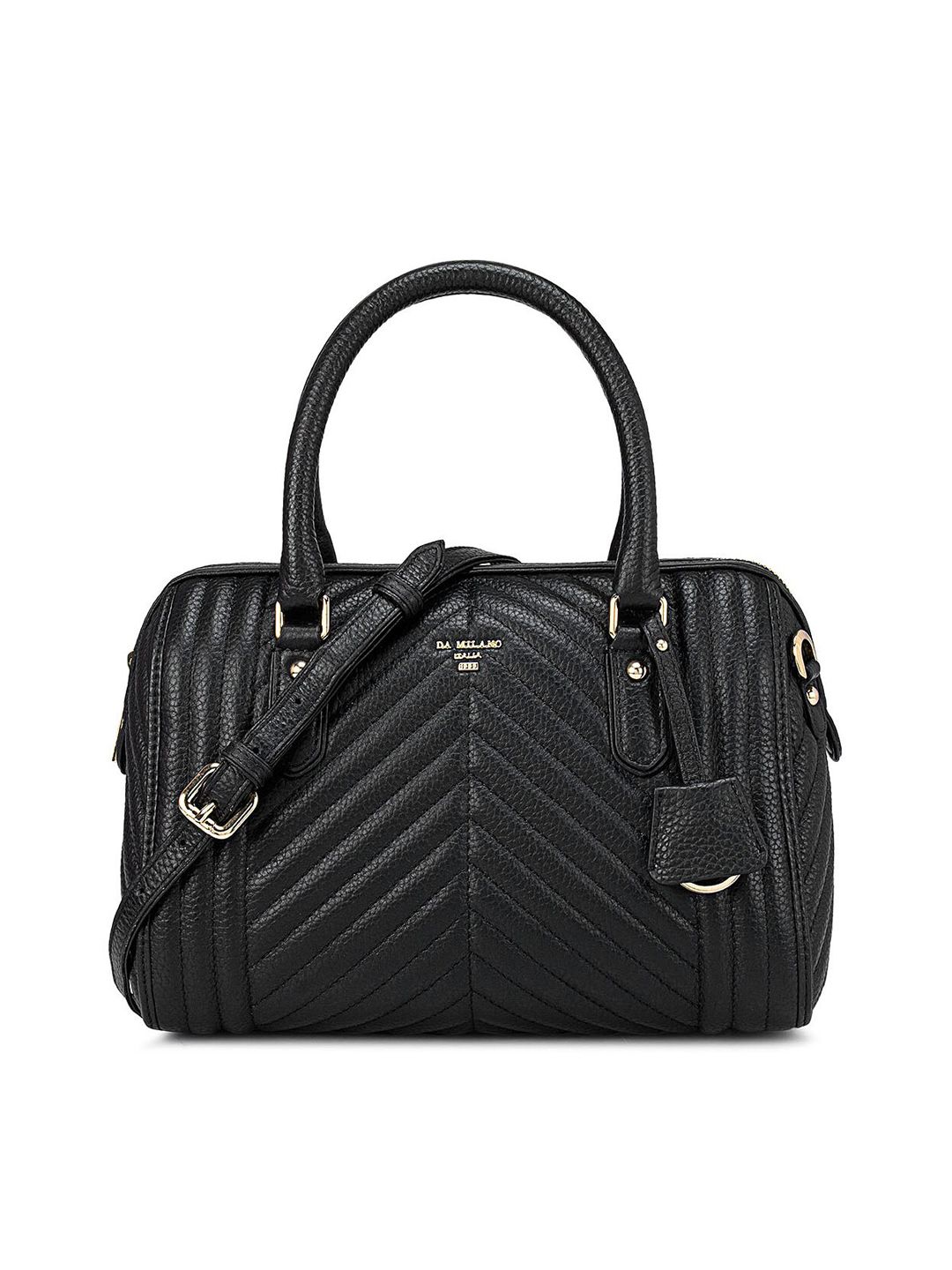 Da Milano Black Textured Leather Structured Handheld Bag with Quilted Price in India