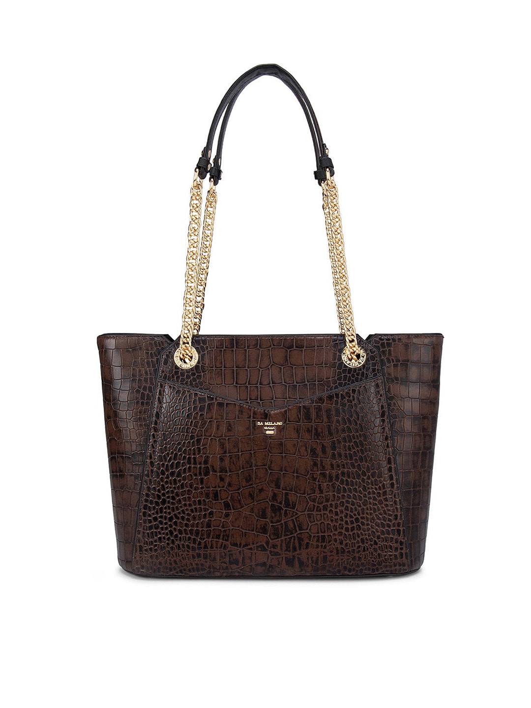 Da Milano Brown Textured Leather Structured Shoulder Bag with Cut Work Price in India