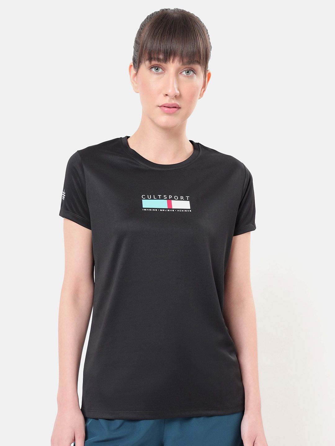 cultsportone Women Black Printed Moisture Wicking Performance T-shirt Price in India