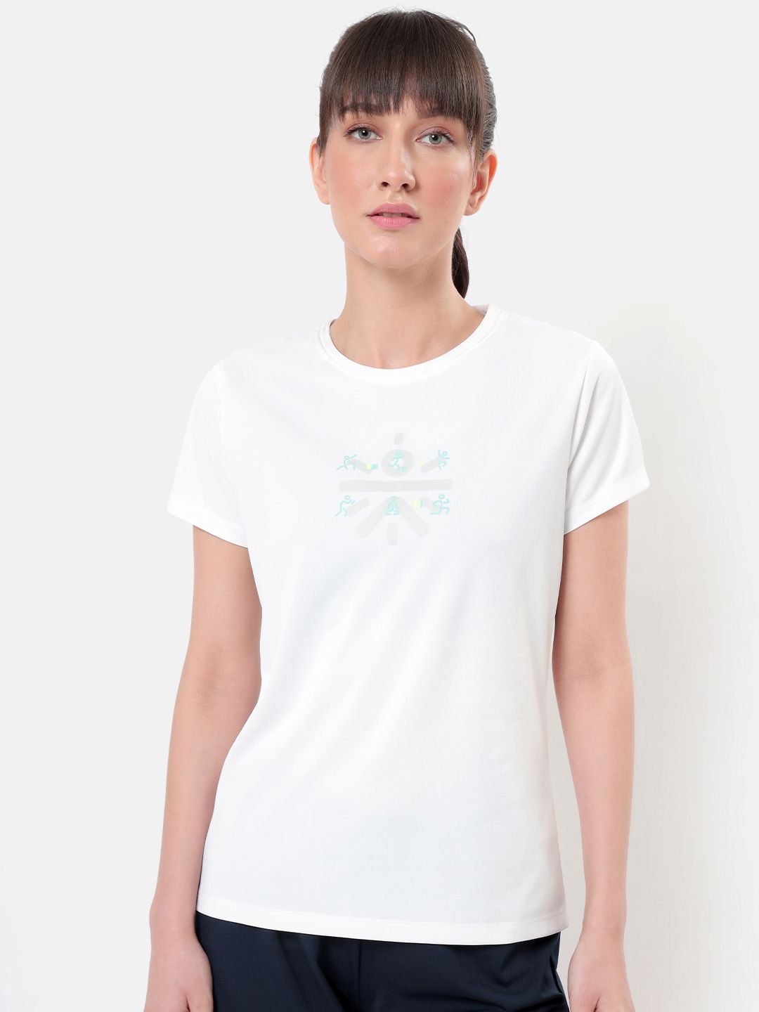 cultsportone Women White Moisture Wicking Graphic Play Performance Tshirt Price in India