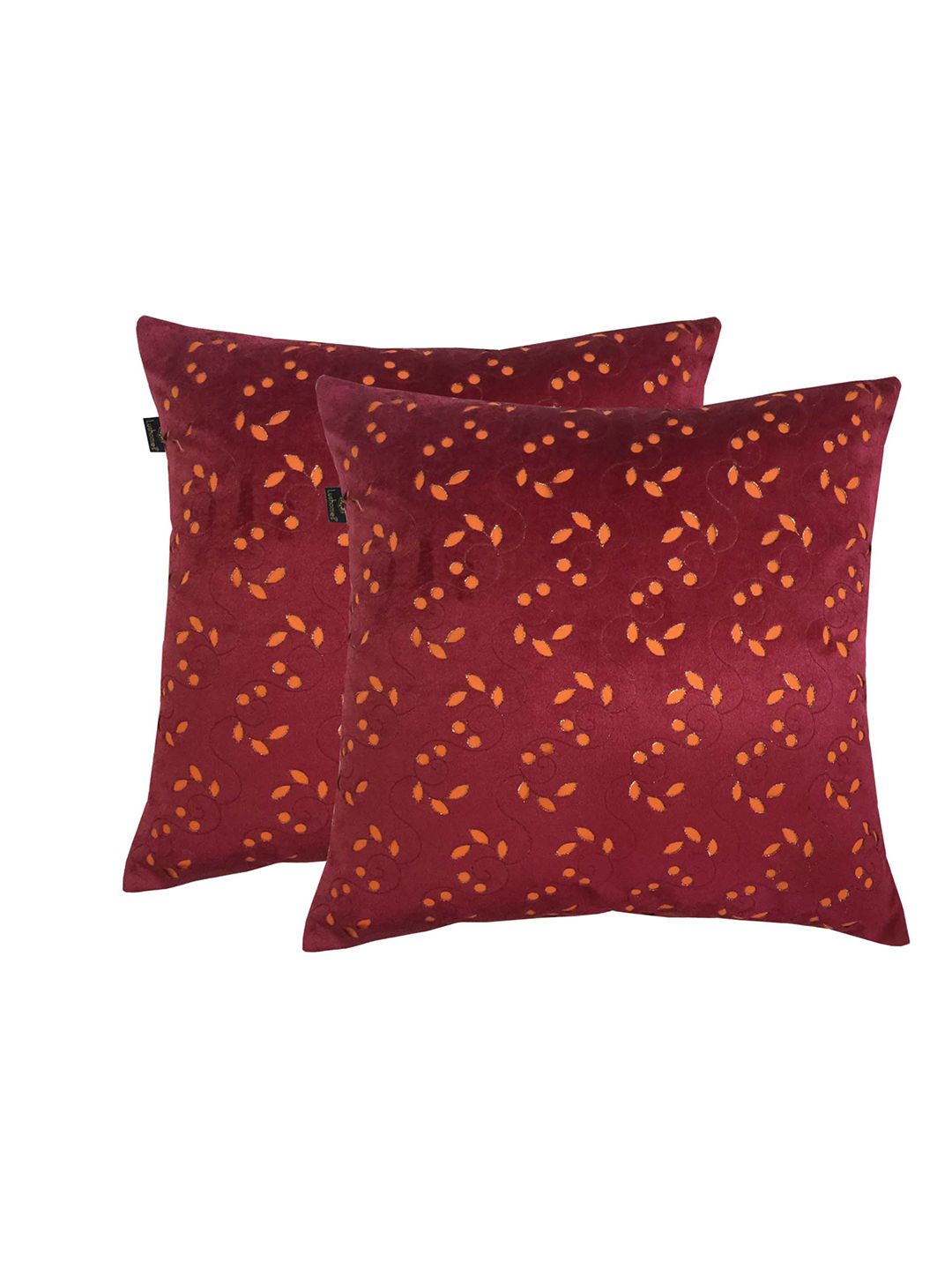 Lushomes Maroon & Orange Set of 2 Abstract Square Cushion Covers Price in India