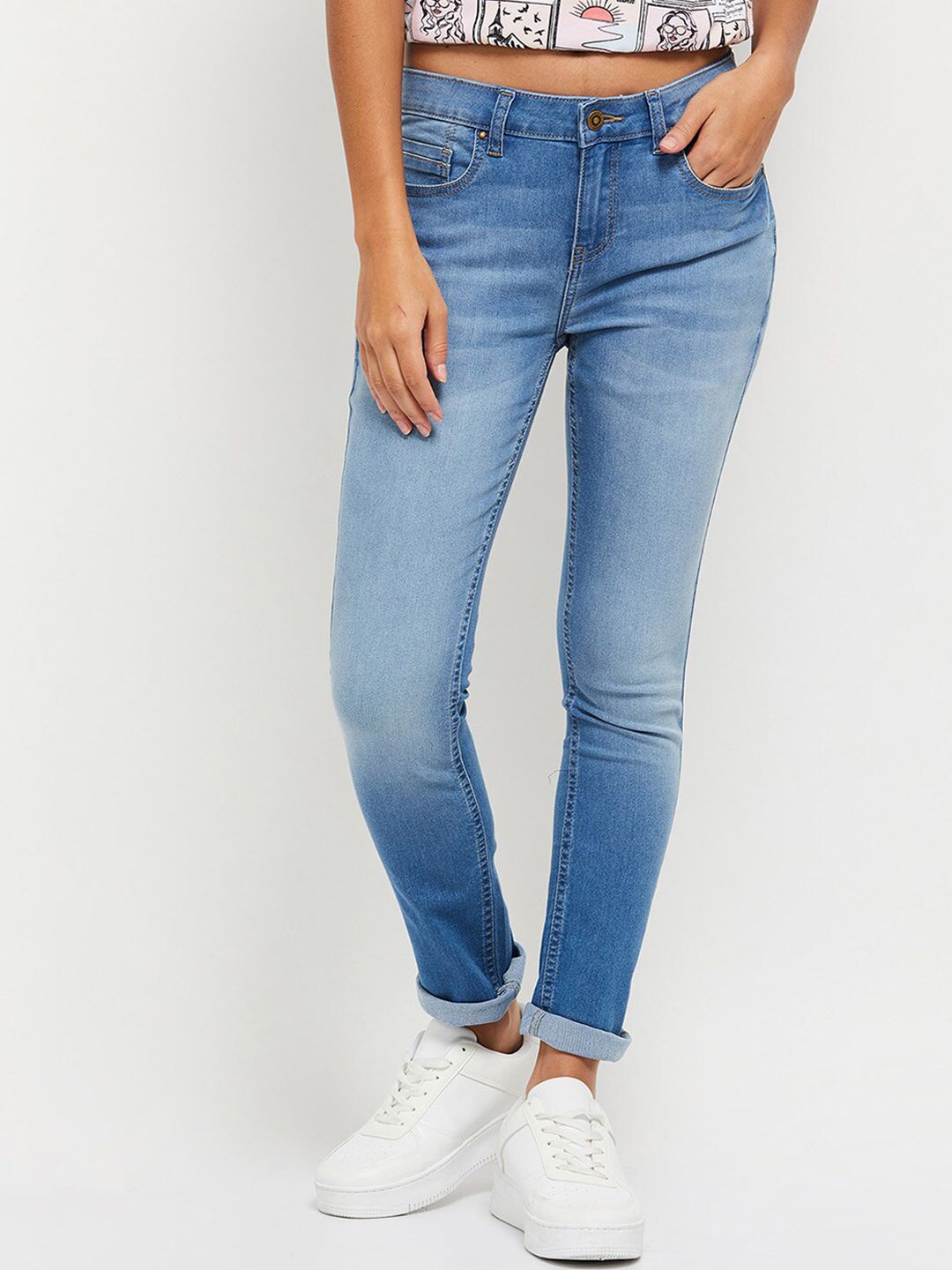 max Women Blue Cotton Mid-Rise Light Fade Jeans Price in India