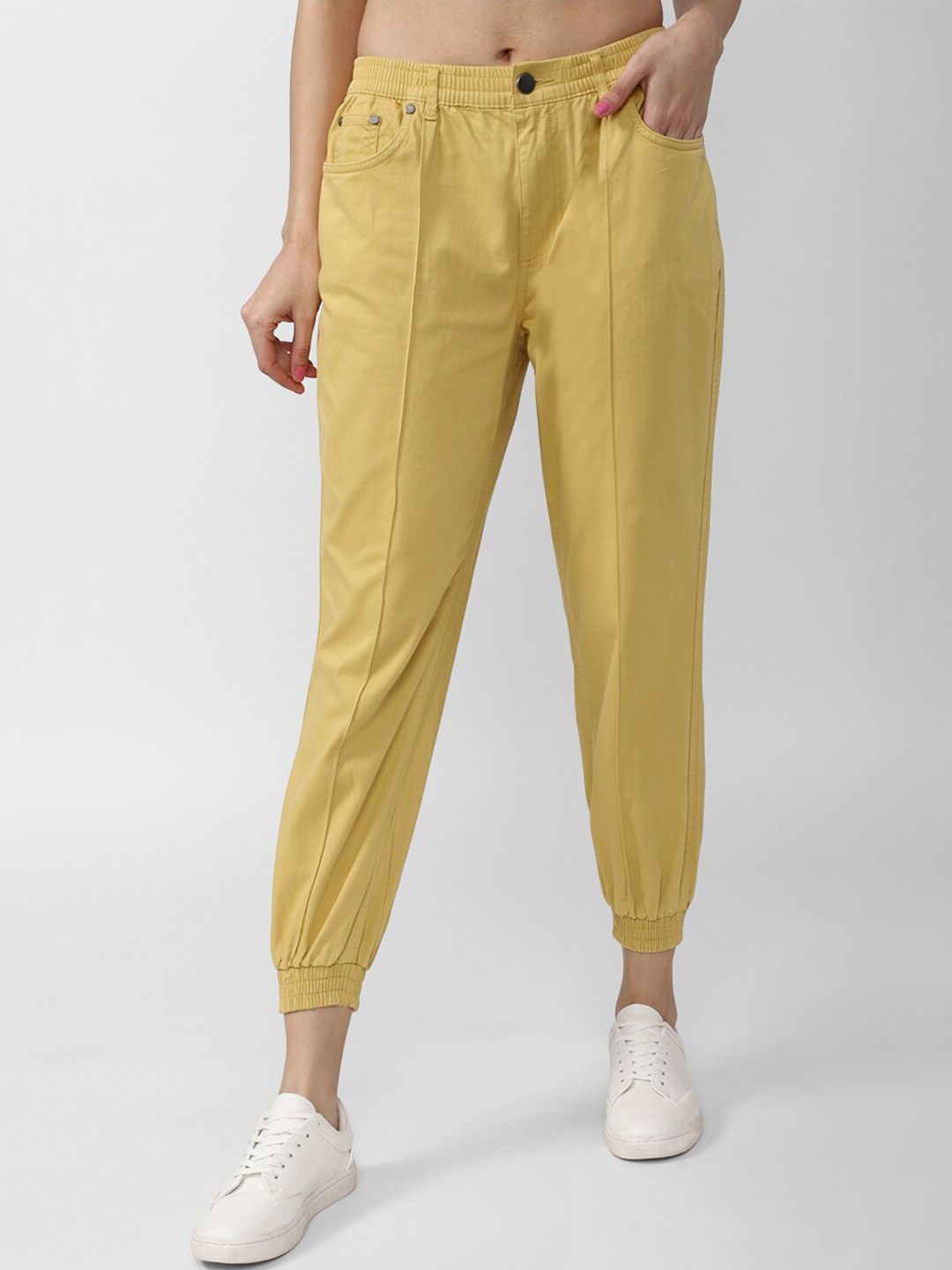 FOREVER 21 Women Yellow Solid Joggers Trousers Price in India