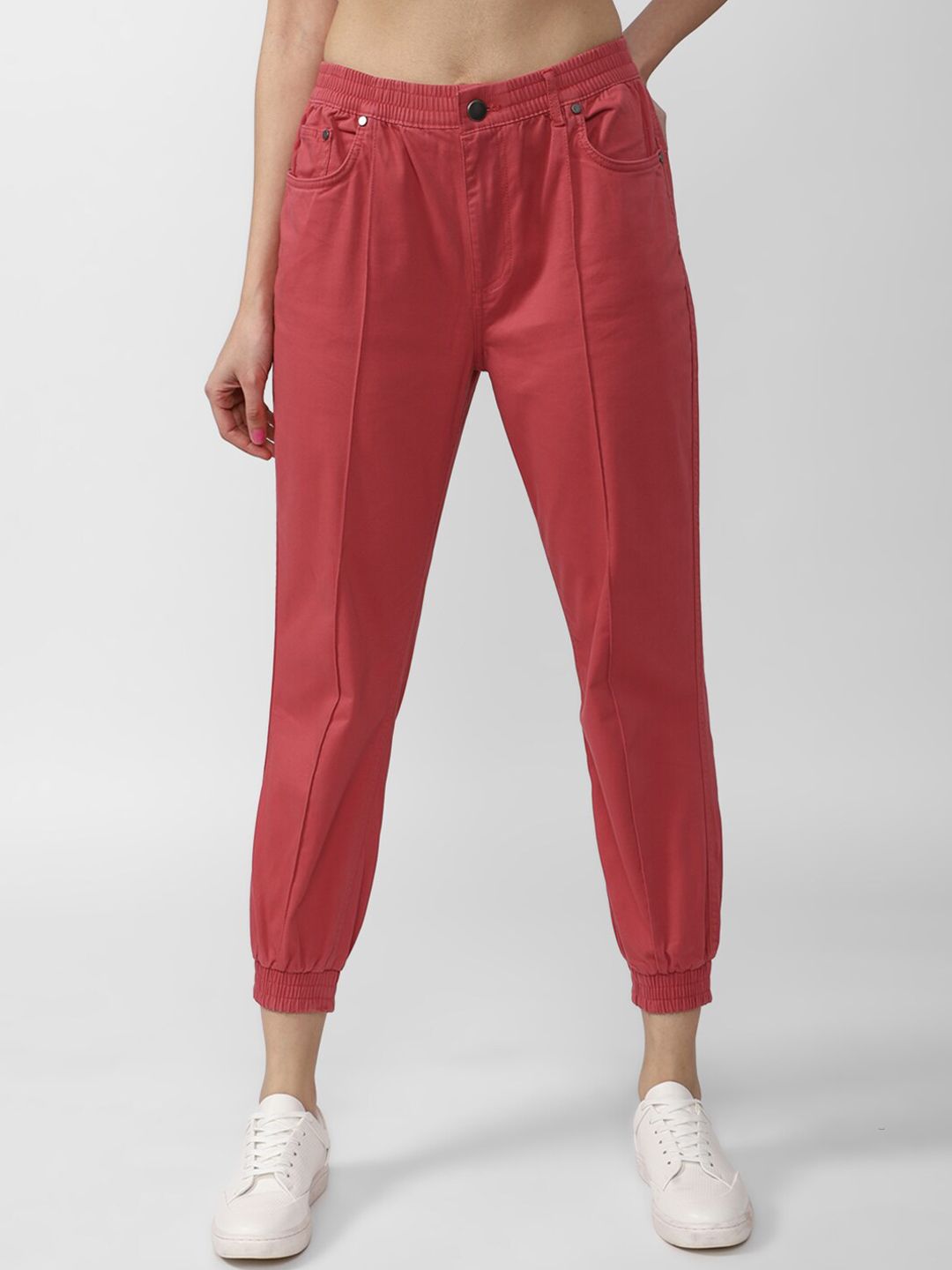 FOREVER 21 Women Red Solid Jogger Trousers Price in India