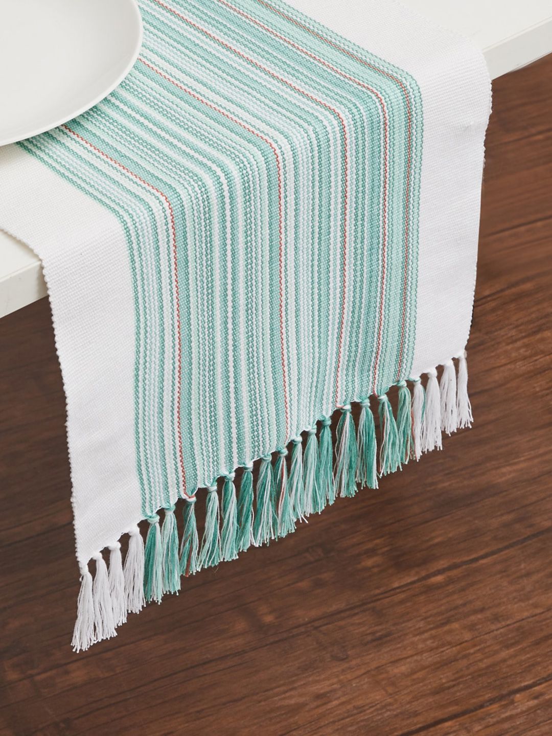 Home Centre White & Blue Striped Cotton Table Runner Price in India
