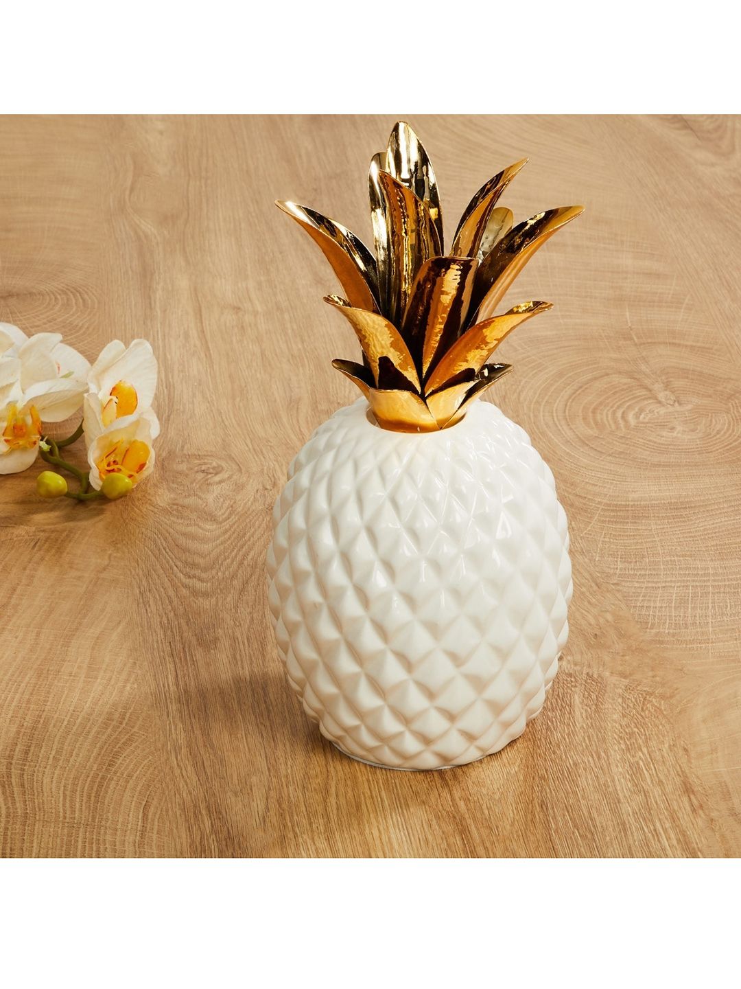 Home Centre White & Gold Textured Ceramic Pine Apple Table Accent Price in India