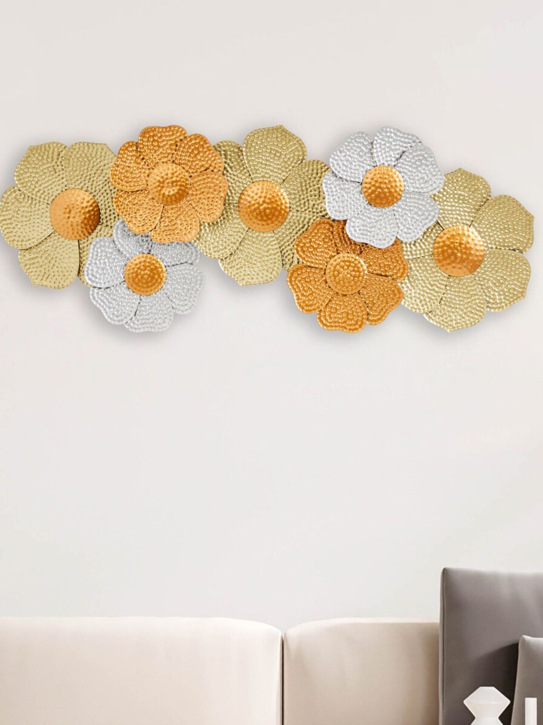 Home Centre Beige & Yellow Floral Textured Metal Decor Wall Art Price in India