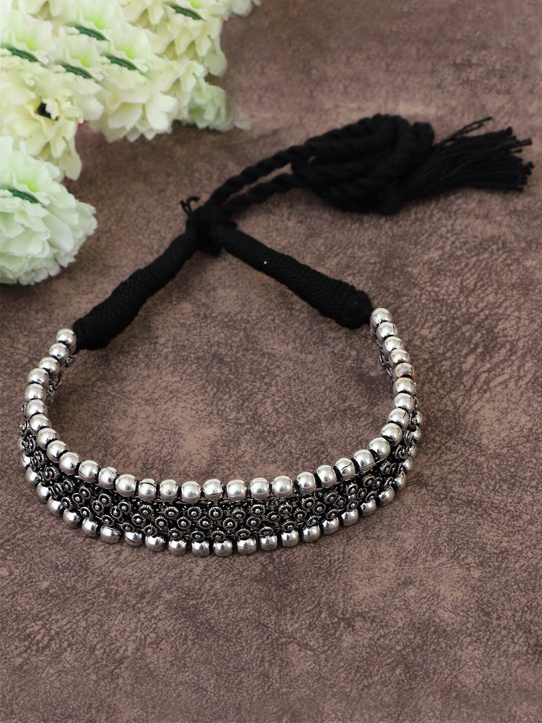 VENI Silver-Toned & Black Brass Silver-Plated Antique Necklace Price in India