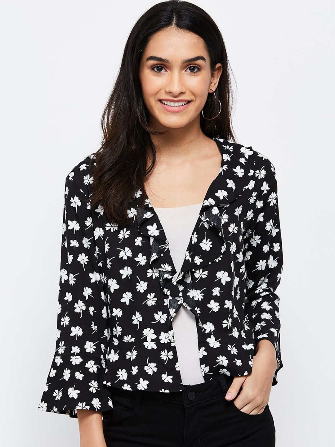 max Women Black & White Printed Shrug Price in India