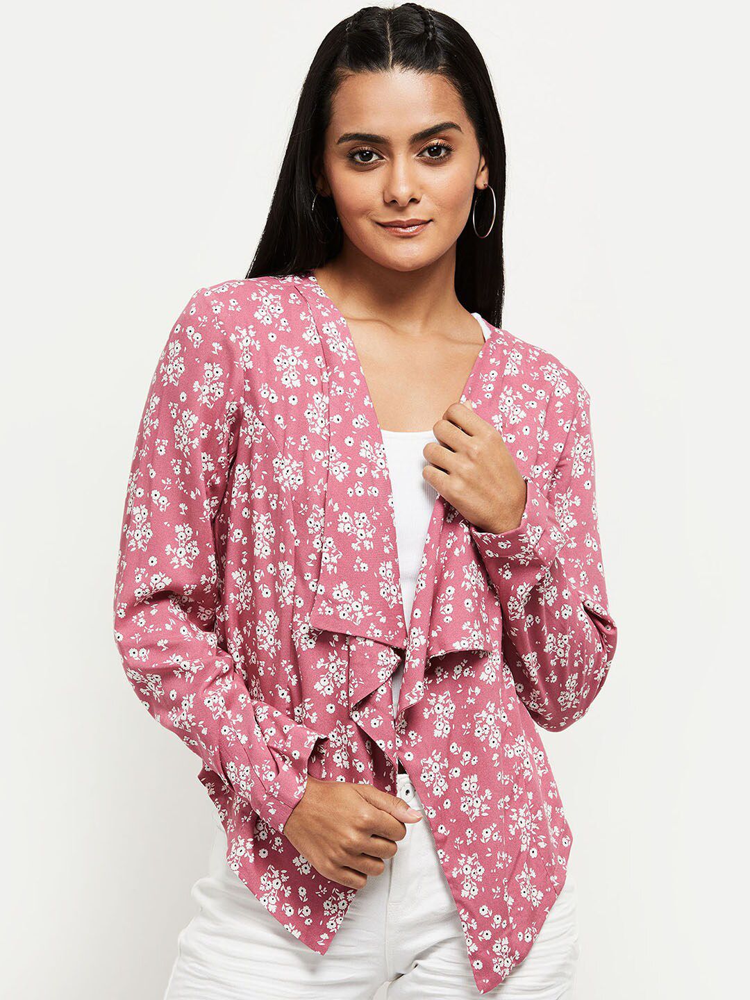 max Women Pink & White Printed Shrug Price in India