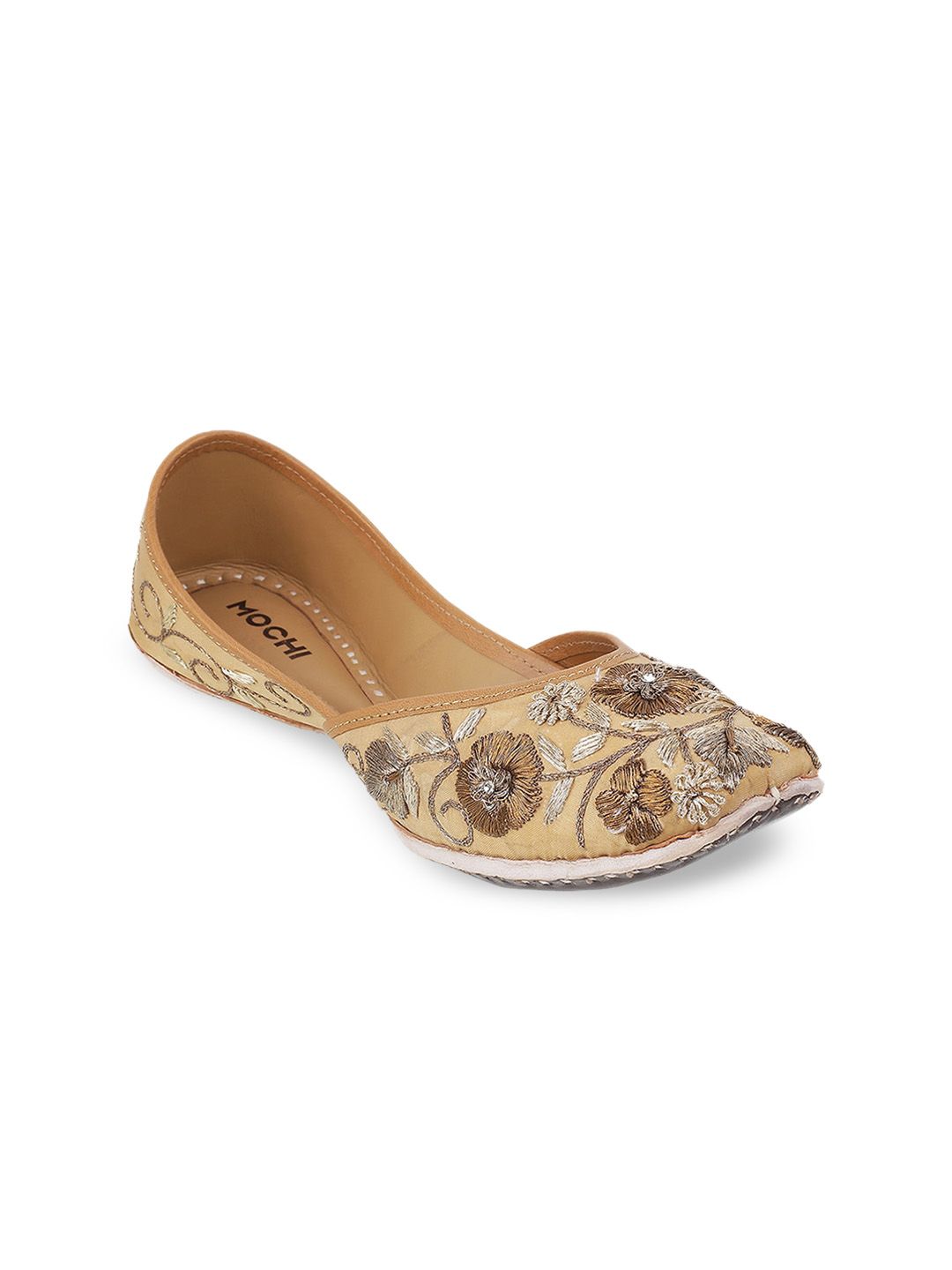 Mochi Women Gold-Toned Printed Embroidered Mojaris Flats Price in India