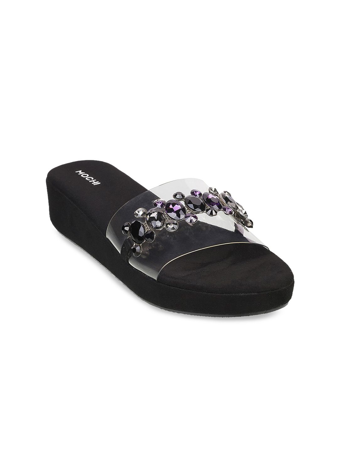 Mochi Women Black Embellished Wedge Sandals Price in India