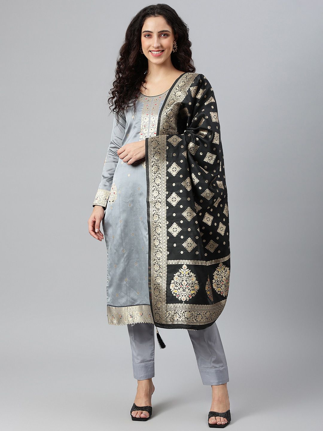 Lilots Women Grey & Black Unstitched Dress Material Price in India