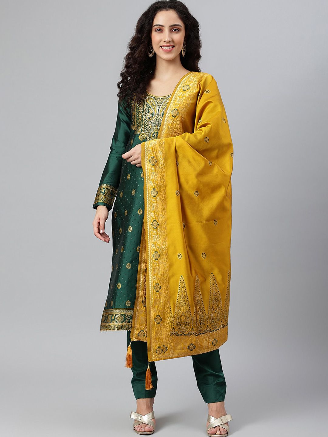 Lilots Green & Yellow Unstitched Dress Material Price in India