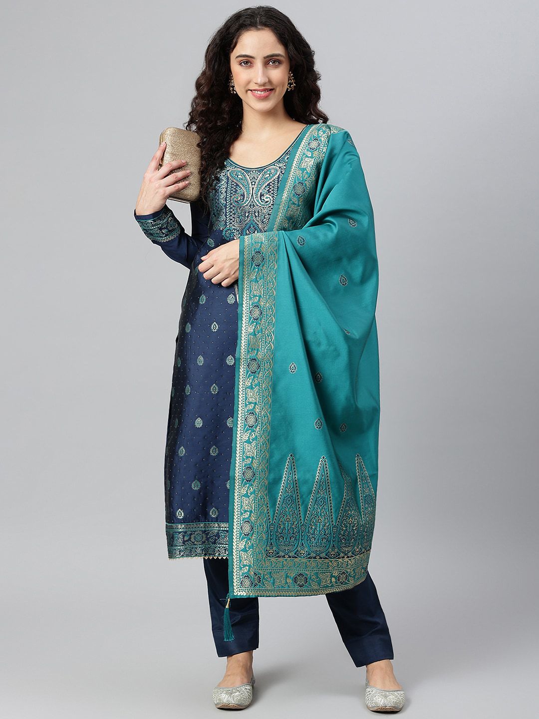 Lilots Navy Blue & Silver-Toned Unstitched Dress Material Price in India