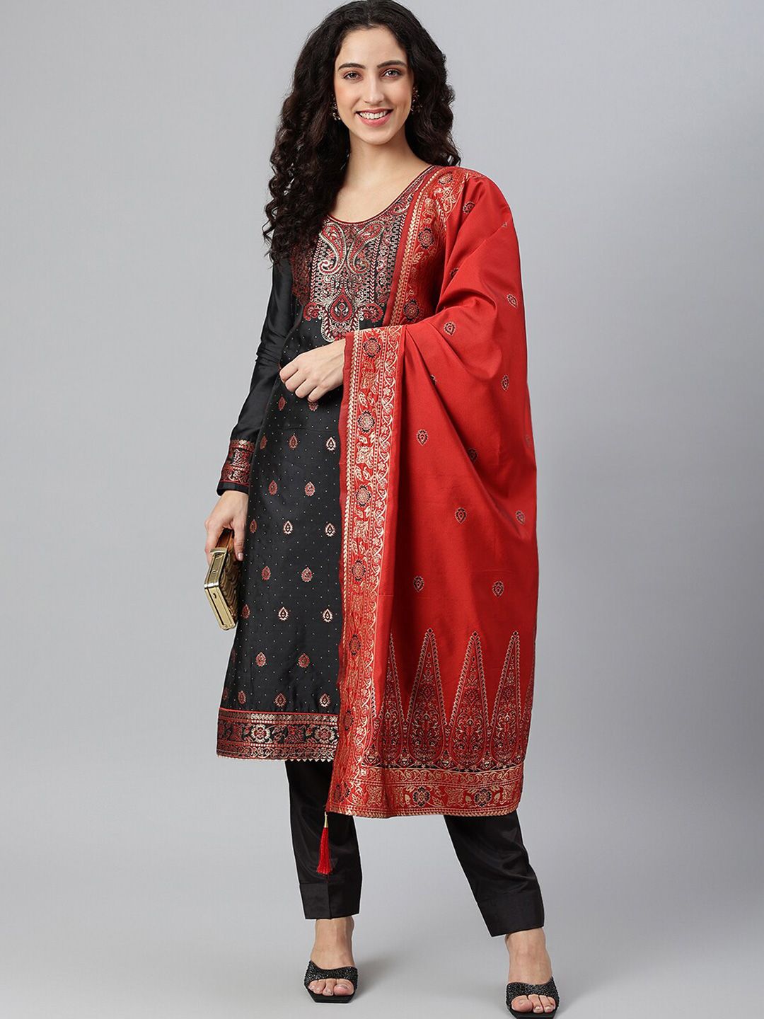 Lilots Women Black & Red Unstitched Dress Material Price in India