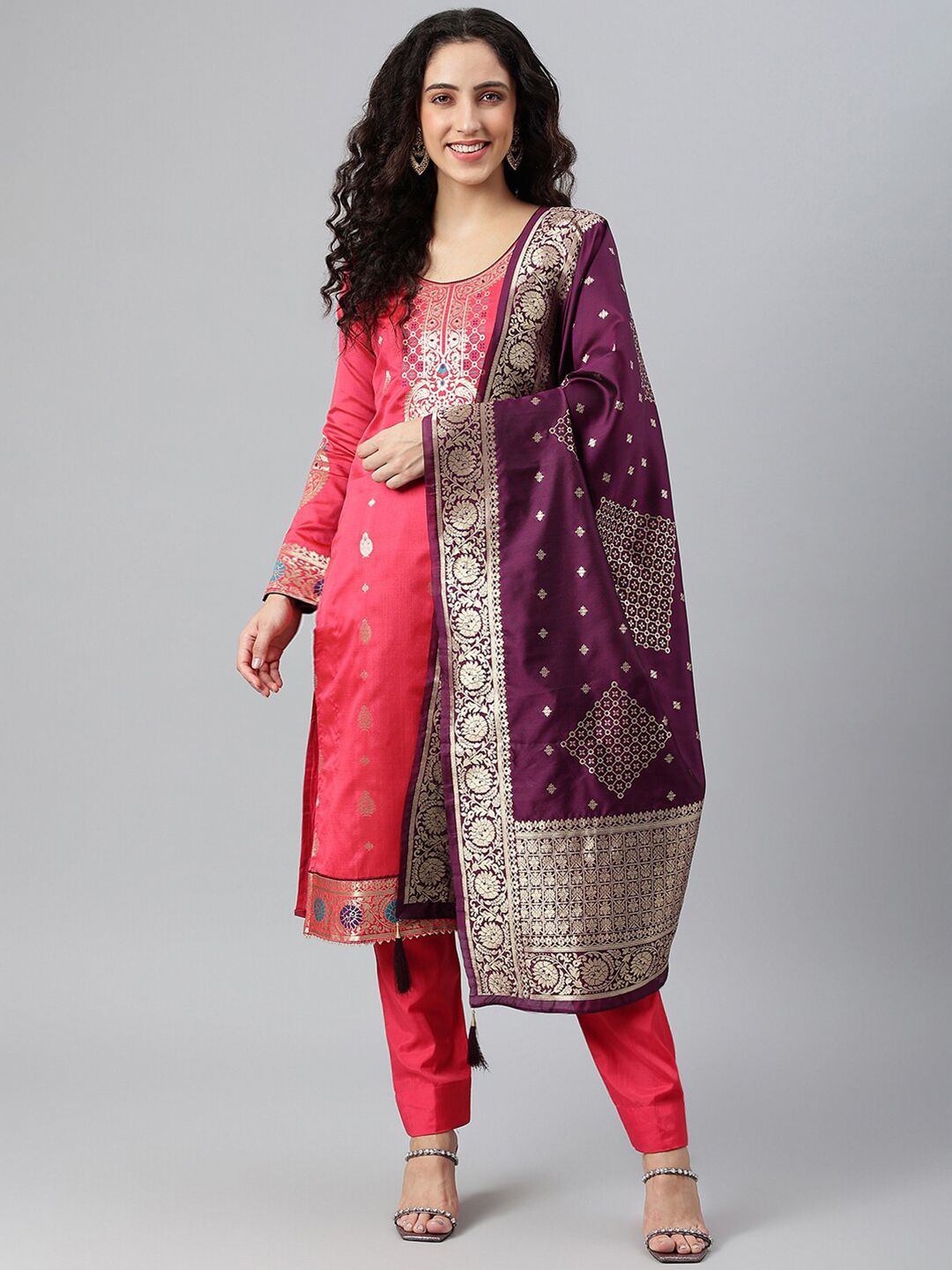 Lilots Pink & Violet Unstitched Dress Material Price in India