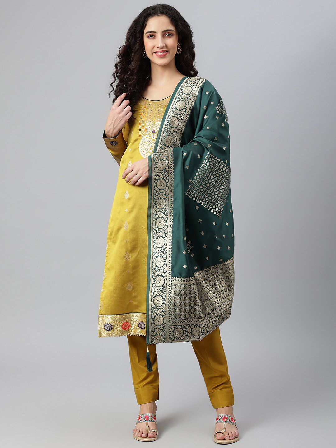 Lilots Mustard & Green Unstitched Dress Material Price in India